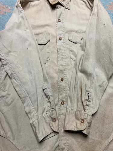 Vintage 1950s work shirt chino twill cotton khaki tan worn distressed medium - Picture 3 of 20
