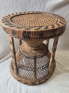 Vintage Emmanuelle Rattan SideTable Wicker Stool Peacock Ottoman Rare 1970s Read