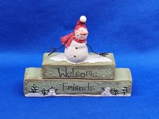 Blossom Bucket Snowman Welcome Friends Word Figurine Suzi Skoglund Primitive