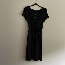 Talbots Women Sz M Black Short Sleeve Faux Wrap Top Tie Belt Waist Dress