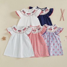 Independence Day Toddler Kids Baby Girls Summer Casual Patriotic Dress Flag Embr