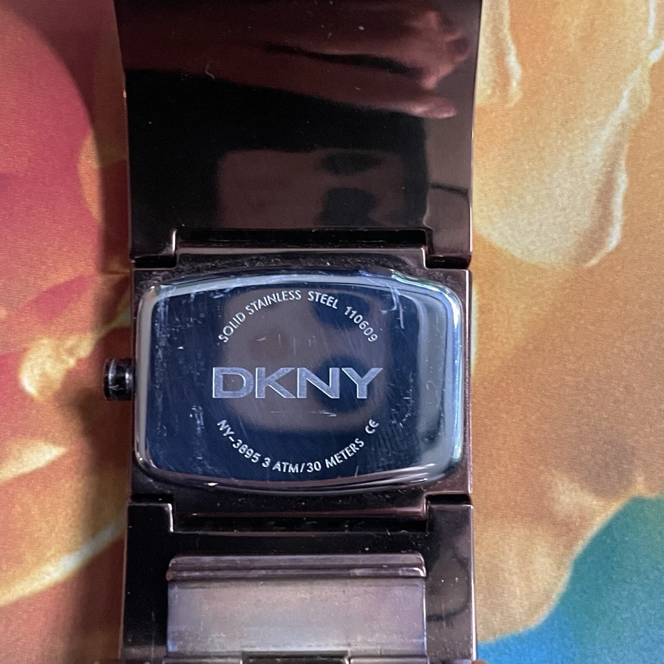 DKNY Ladies Watch Brown Metal Tone Crystal Wide Bracelet Needs Battery 7” - Image 3 of 4