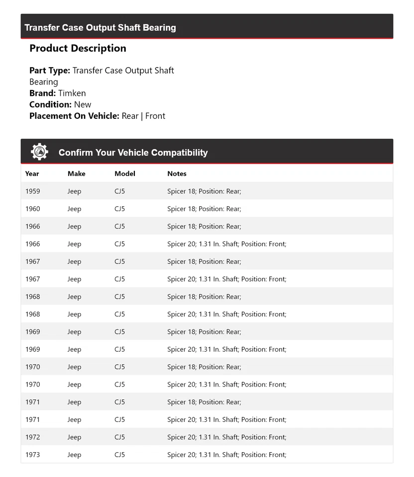 For 1959-1960, 1966-1973 Jeep CJ5 Transfer Case Output Shaft Bearing Timken - Image 2 of 4