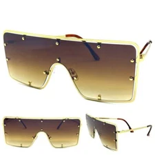Men or Women Oversized Modern Contemporary Shield SUNGLASSES Large Gold Frame C2