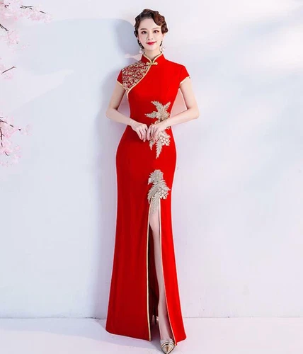 Hochgeschlitztes chinesisches Qipao-Damenkleid Cheongsam Stickerei Abschlussball Abend Party - Bild 12 von 17
