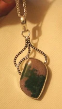 Unique Open Tendril Top 925 Silver Moss Green & Mauve Stone Pendant Necklace