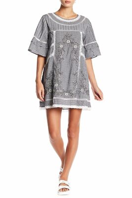 NWT FREE PEOPLE Sunny Day Floral Embroidered Gingham Dress in Black $148 -  S