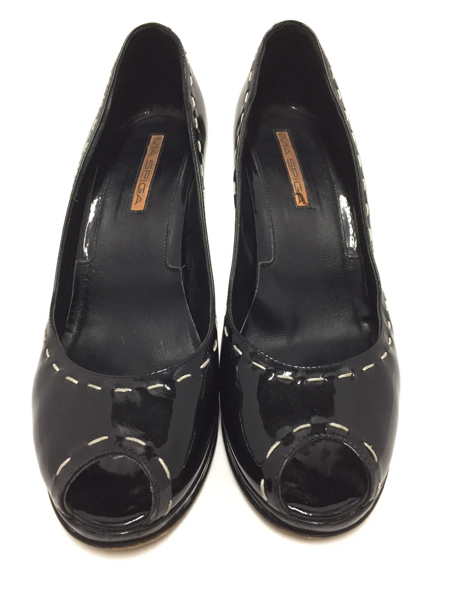Via Spiga Peep Toe Pumps 9.5 M Black Patent Leather 3.5 inch Heels
