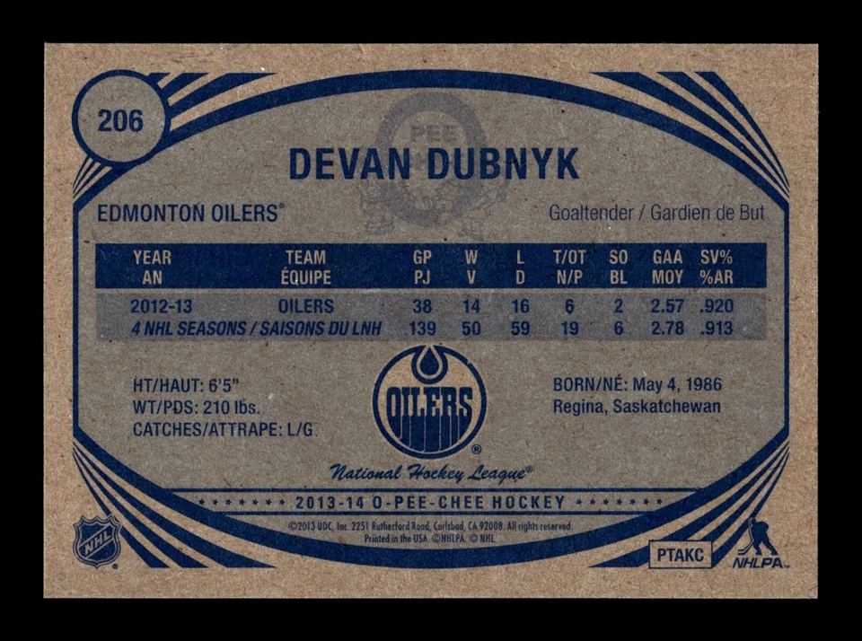 PWE READ stock photo . 2013-14 opc o-pee-chee retro #206 devan dubnyk - Image 2 of 2