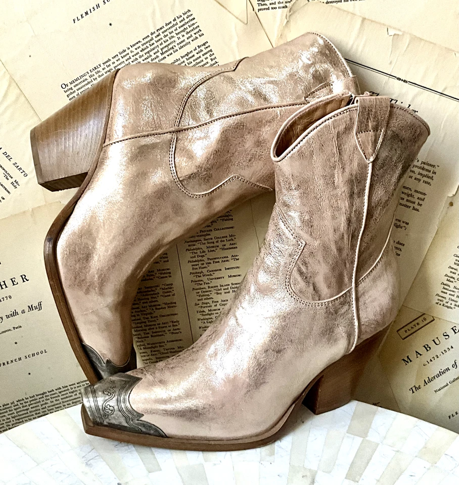 Free People Brayden Western Boot Pewter Tip Champagne Metallic 38/8 NEW - Image 4 of 4