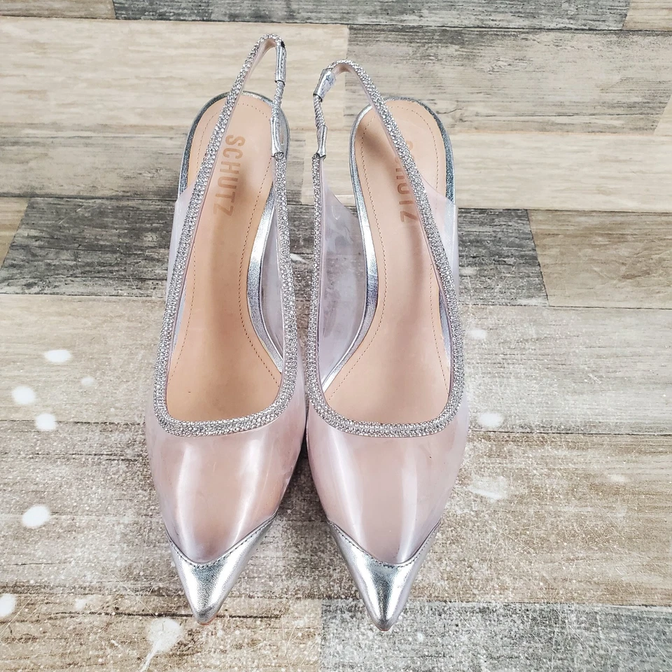 Zapatos de salón Schutz Audrey para mujer talla 7,5 B cuero cristal plateado tacones altos Foto 2 de 4