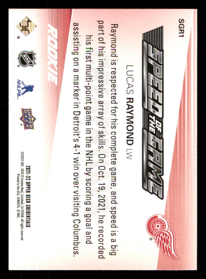 2021-22 Upper Deck Credentials Speed of the Game Rookies #SGR1 Lucas Raymond - Image 2 of 2