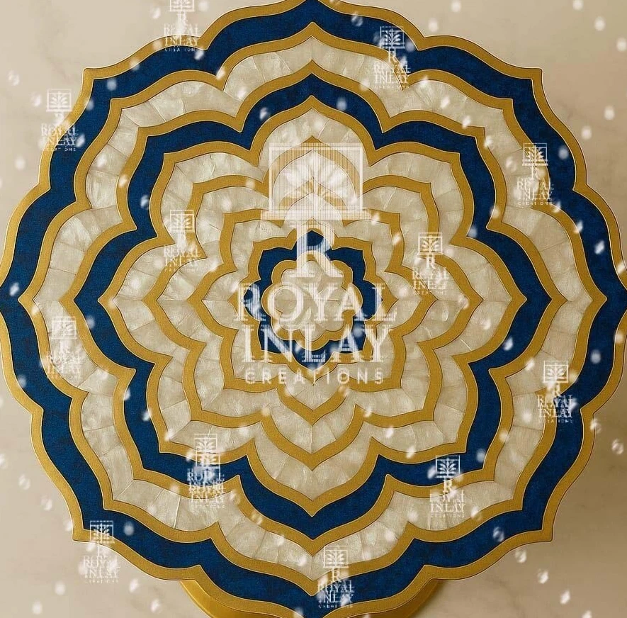 18" MoP & Lapis Lazuli Lotus Table Handmade Gemstone Inlay Accent Table - Image 2 of 4