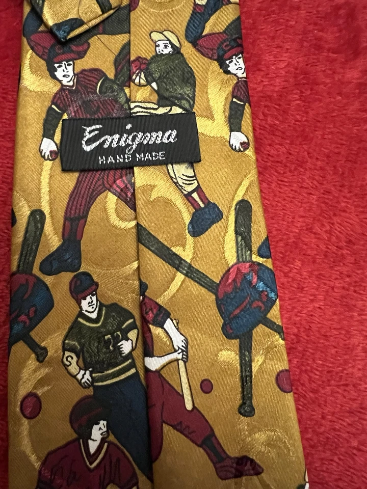 Corbata para hombre Enigma seda satinado tema béisbol hecha a mano 58" Foto 4 de 4