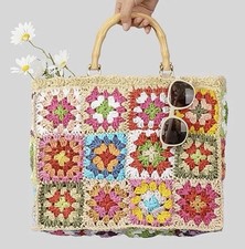 Handmade Crochet Straw Flower Boho Summer Beach Bag Floral Woven Light