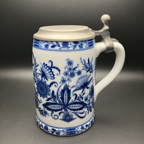 Vintage Cobalt Blue Onion Porcelain German Beer Stein Mug W/ Pewter Lid (Floral)