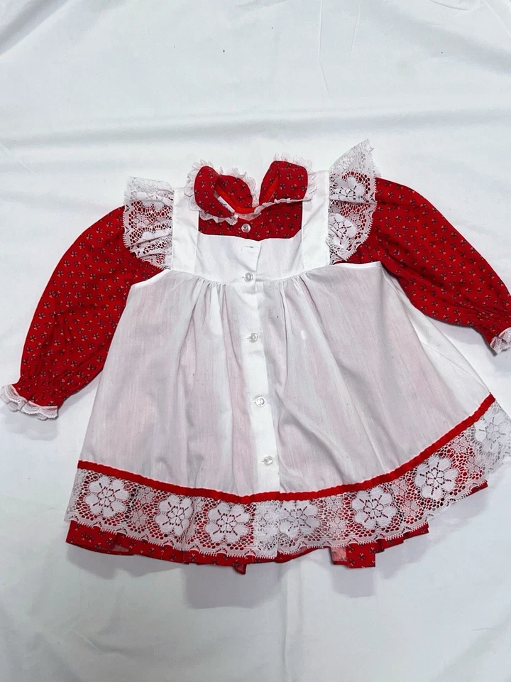 70’s Bryan Girl's Dress Red Pinafore long sleeve floral 12 Months - Image 2 of 4