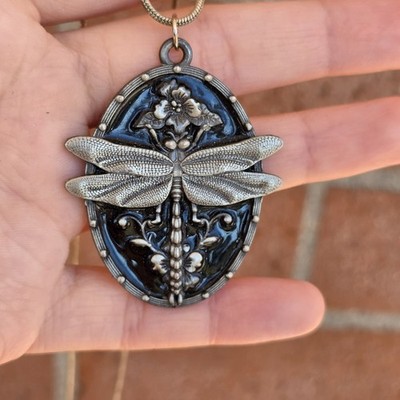 Vtg DragonFly Insect Bug Enamel Brooch Pin Black Large Oval Silvertone Floral