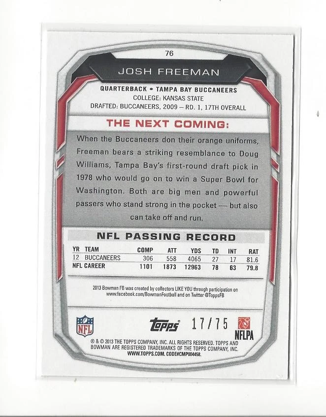 2013 Bowman Rainbow Gold #76 Josh Freeman Buccaneers /75 - Image 2 of 2