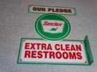 VINTAGE SINCLAIR OUR PLEDGE CLEAN RESTROOMS 12" METAL GASOLINE & OIL FLANGE SIGN