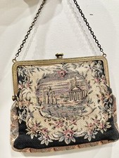 Vintage Tapestry Purse Antique Full Lining 7 x6 w/Make Up Mirror NL