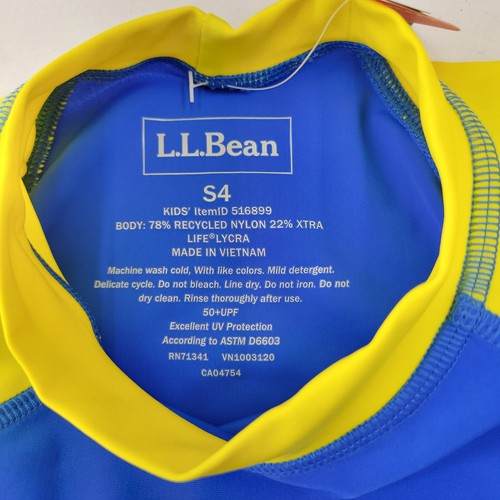 LL Bean Sun Shirt Kids 4 Blue Yellow Long Sleeve Swim Surf Protection Rash Guard - Picture 3 of 7