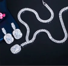 SILVER PLATED GENUINE CLEAR CUBIC ZIRCONIA NECKLACE AND EARRING SET, BRIDAL