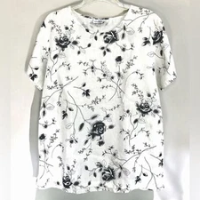 Match Point Linen Floral Print Women's Tunic Top Lagenlook Sz Large Back & White