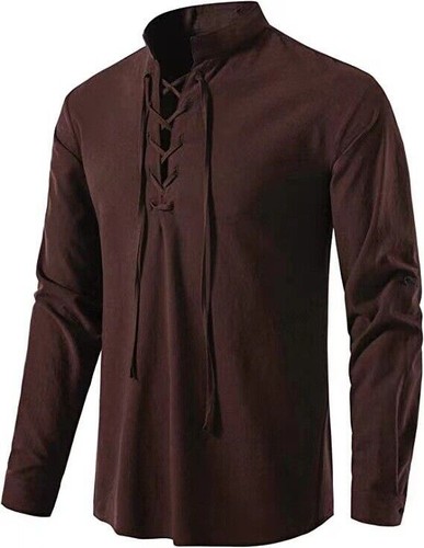 Mens Medieval Lace Up T Shirt Gothic Renaissance Pirate Cosplay Costume Retro - Picture 7 of 18