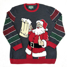 Ugly Christmas Sweater Gray Santa With A Beer Mug Thumbs Up Size XXL