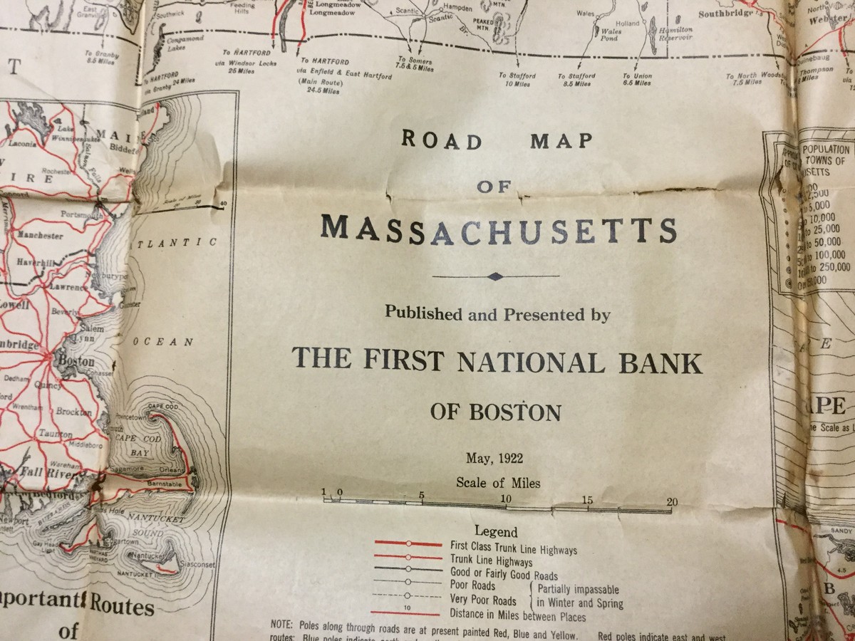 Vintage Origianl -- Road Map of MASSACHUSETTS may 1922 aprox 24 x