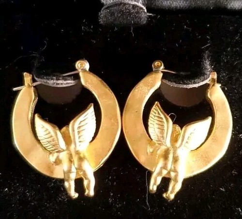 Givenchy Cherub Angel Baby Earrings Hoops Brushed Gold Hanging 80s Gift Box - 第 1/6 張圖片