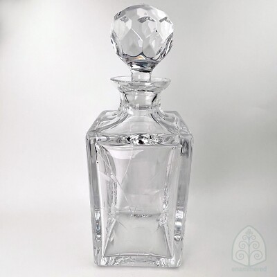RARE Wheat-Leaf Design Atlantis Crystal Square Decanter Whiskey Bottle w Stopper
