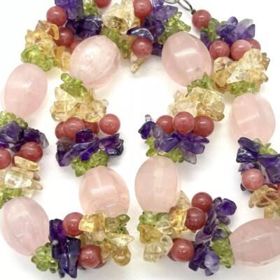 Strawberry Quartz Statement Necklace Multi Gemstone Fruit Salad Chunky Clusters