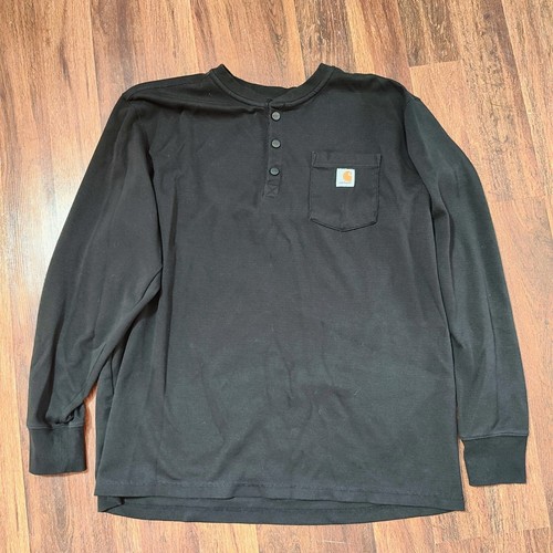 Carhartt Langarm Henley Hemd Schwarz Relaxed Fit 2XL Tall Baumwollmischung Tasche