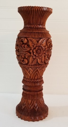 Vintage Ornate Hand Carved Wood Vase Floral Pedestal 15" - Picture 2 of 11