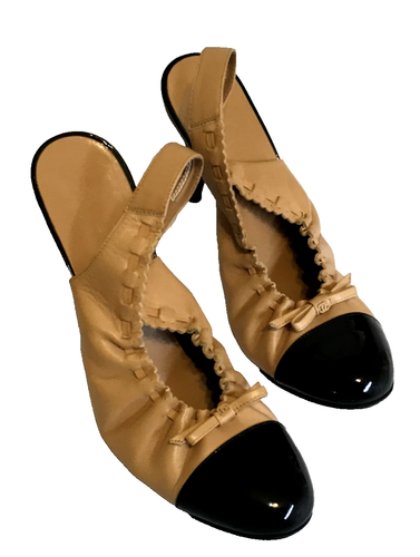 Chanel CC Slingback Shoes Beige Shoes Black Cap Toe Pumps Leather 37.5 / 7.5 - Picture 5 of 24