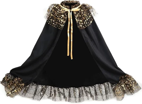 ANINECT Velvet Witch Cape with Ruffled Starry Mesh Wizard Cloak for Halloween