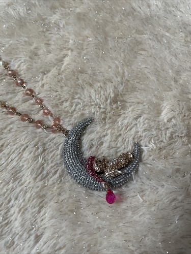 Betsey Johnson Two-Tone Crystal Pave Bear & Moon Long Pendant Necklace - NWT - Picture 4 of 5