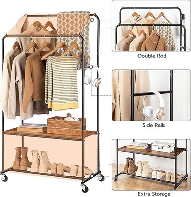 Rolling Garment Rack Rolling Clothes Organizer Double Rails Hanging on Wheels