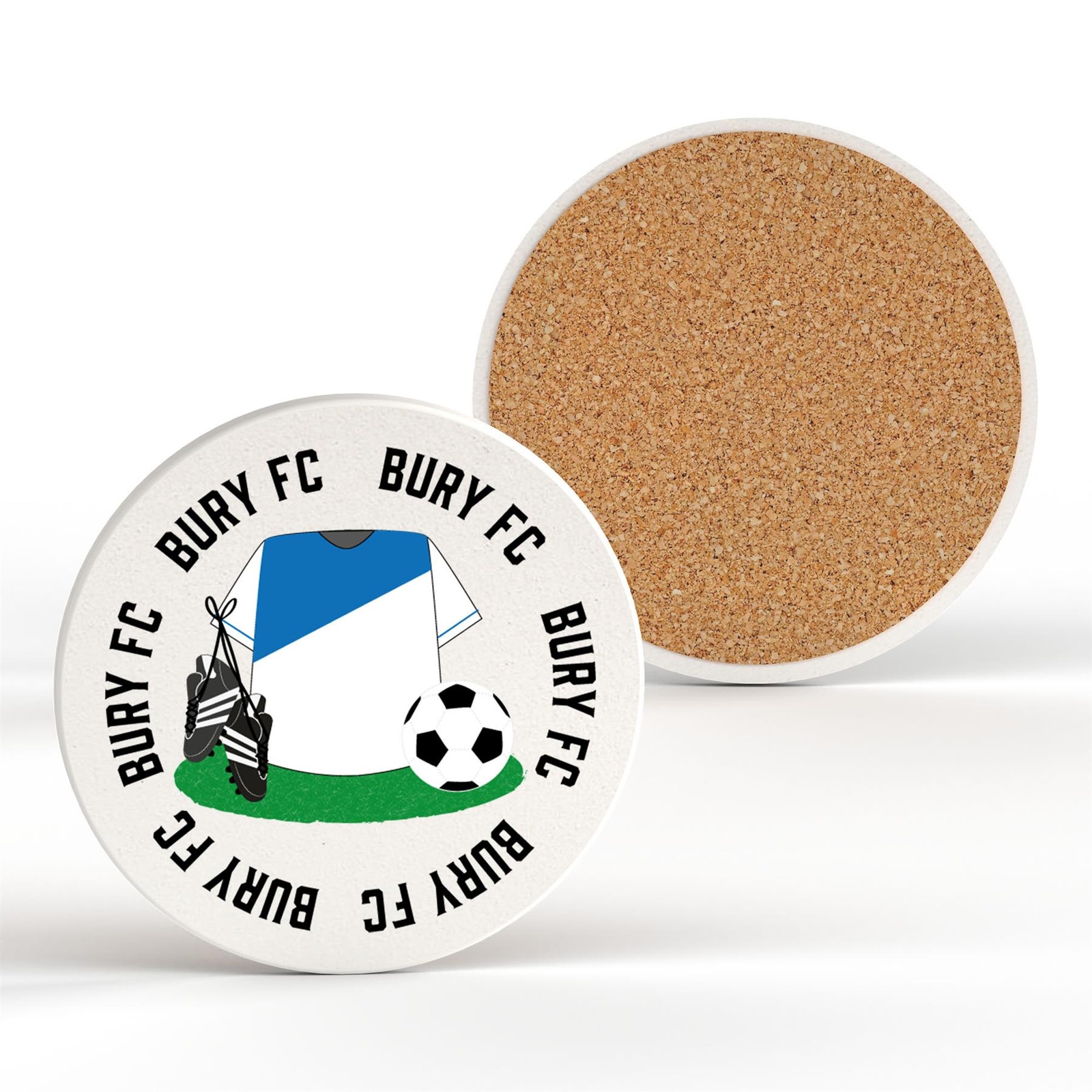 Bury Football Team Shirt & Boots On Ceramic Round Coaster