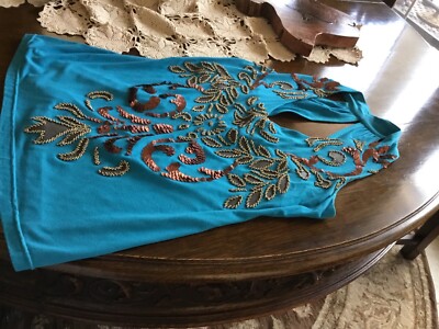 Tank Top; Turquoise With Brown Sequins & Beads 