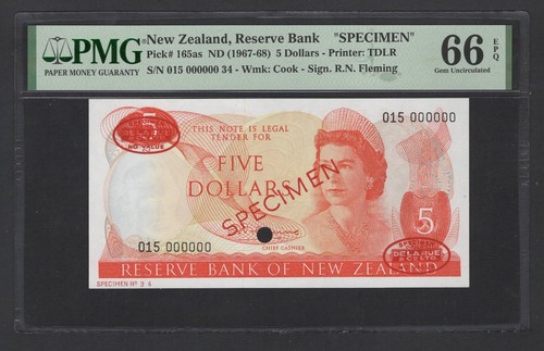 New Zealand 5 Dollars ND(1967-68) P165as "Specimen" Uncirculated Grade 66