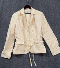 Merona Women s Suit Blazer Jacket L Cream Belted Gathered Button Pockets Relax
