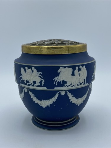 Vintage Adams Blue Jasperware Vase With Brass Top