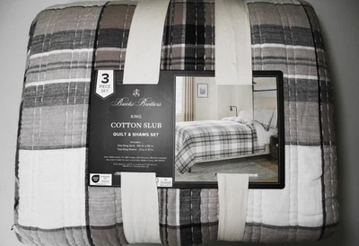 ✨New Brooks Brothers Gray /Brown Tan Plaid Cotton Slub King Quilt Set Genuine