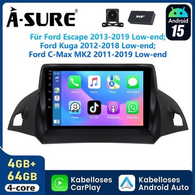 DAB+ KAM 4G+64GB Android 15 Carplay Autoradio Für C-Max Ford Kuga 2012-18 Escape
