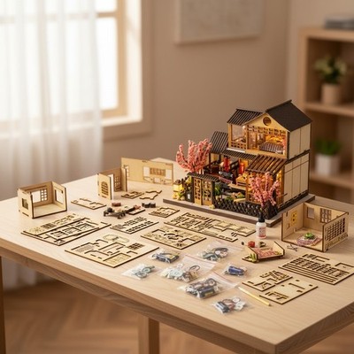 Elegant DIY Miniature House Kit - Complete Japanese Garden House with LED Lights