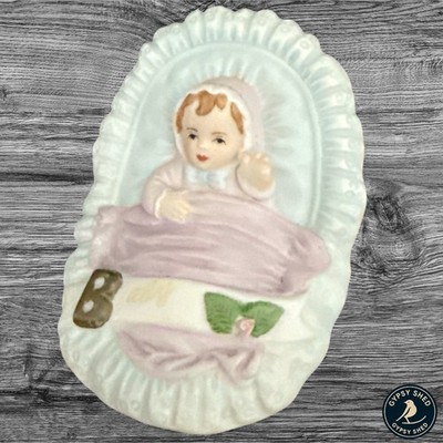 VTG Enesco Growing Up Girls Brunette Newborn Baby in Cradle Bassinet Figurine