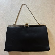 Vintage And  Black Satin Clutch Evening Bag Gold Clasp Chain Purse Handbag